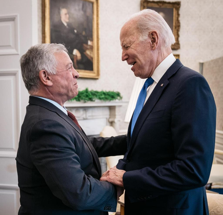 His Majesty King Abdullah and US President Joe Biden, during a meeting at the White House, attended by HRH Crown Prince Hussein, on Thursday (Photo courtesy of Royal Court)